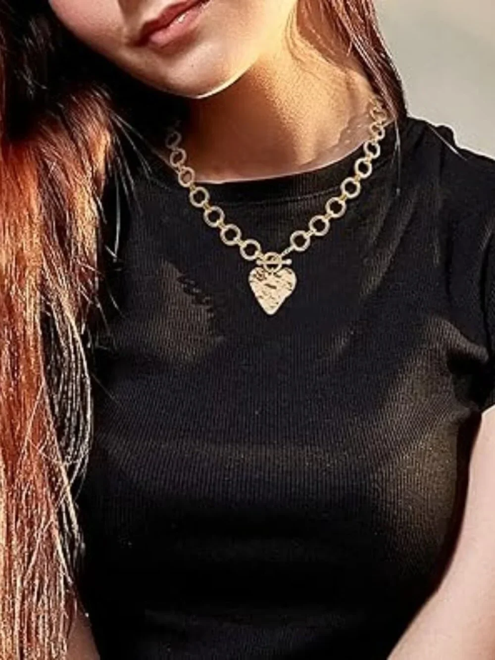 Gold Tone Heart Necklace Statement Boho Y2K Chunky